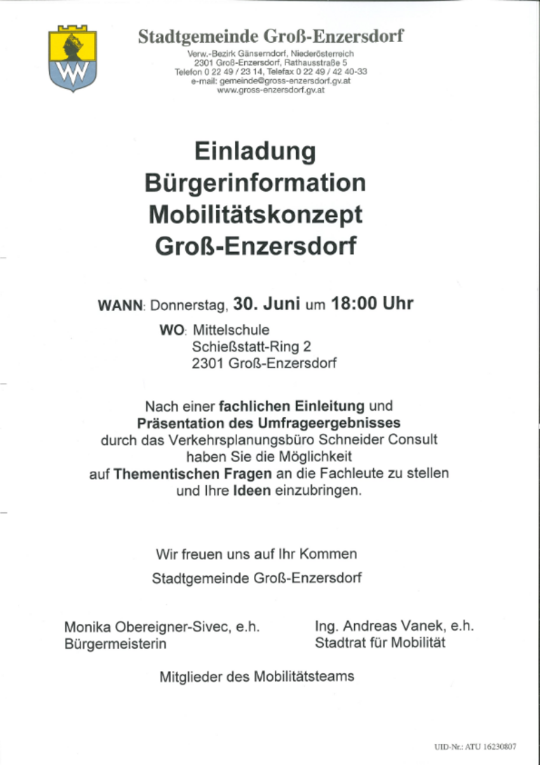 Einladung zum Bürgerinformationsabend "Mobilitätskonzept Groß-Enzersdorf"